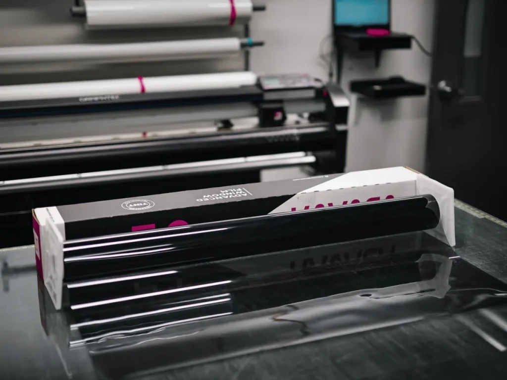 A roll of printing vinyl in a print shop, with wide-format printers behind it
